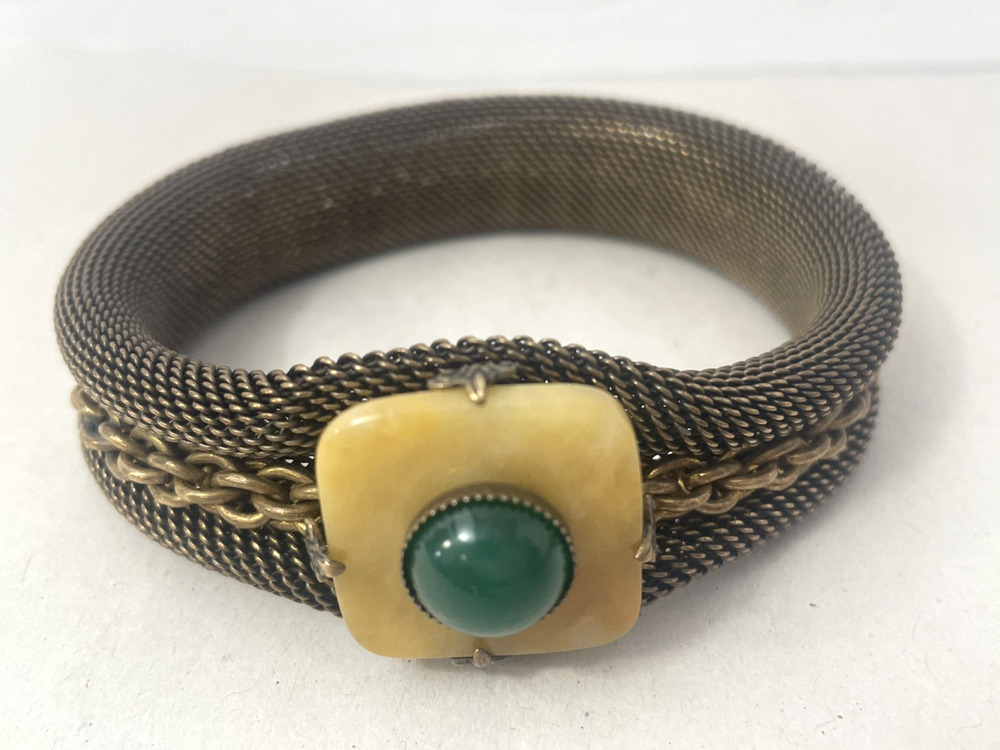 Vintage Jan Michaels San Francisco Mesh Brass Bracelet Green Stone 3” Diameter
